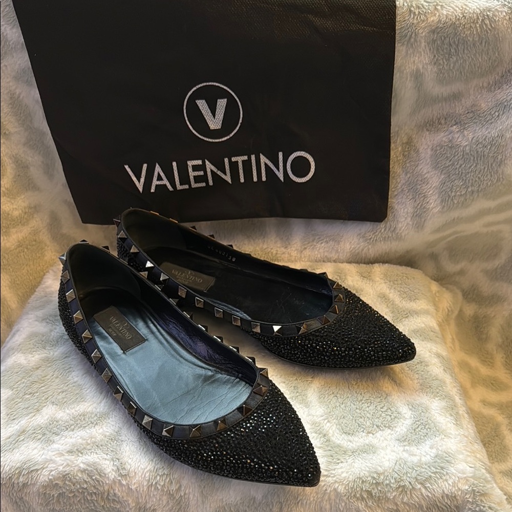 Valentino Noir Rockstud Crystal Ballet Flats Size 38